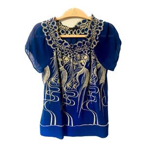Perfect! Axel Hazel Hazel Hazel Haze Blue Blouse with intricate Cream Embroidery